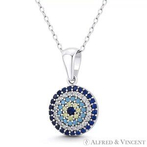 Evil Eye Luck Charm CZ & Nano Crystal Pendant in .925 Sterling Silver w/ Rhodium
